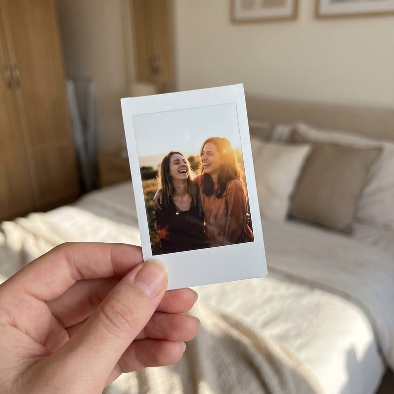 A hand holding an Instax Mini print of two friends laughing at sunset