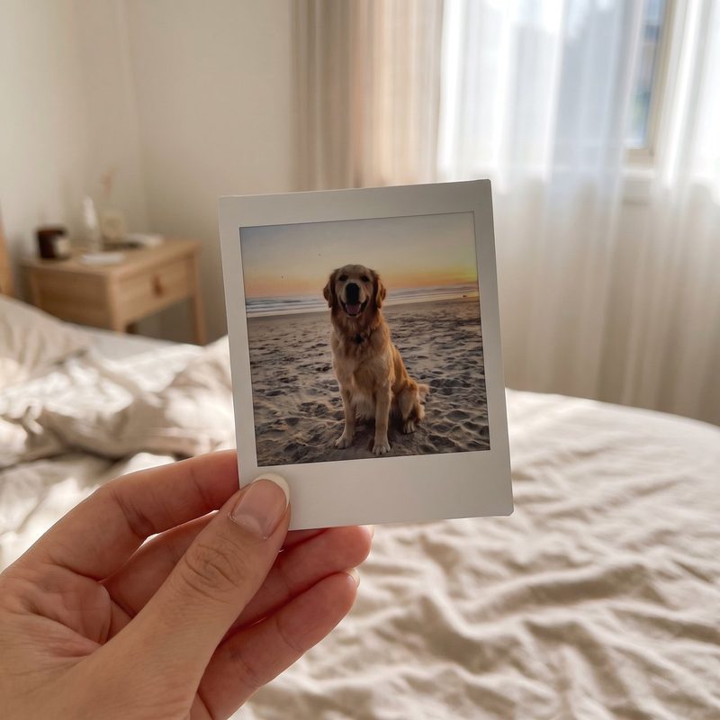 A hand holding an Instax Square print of a golden retriever on a beach