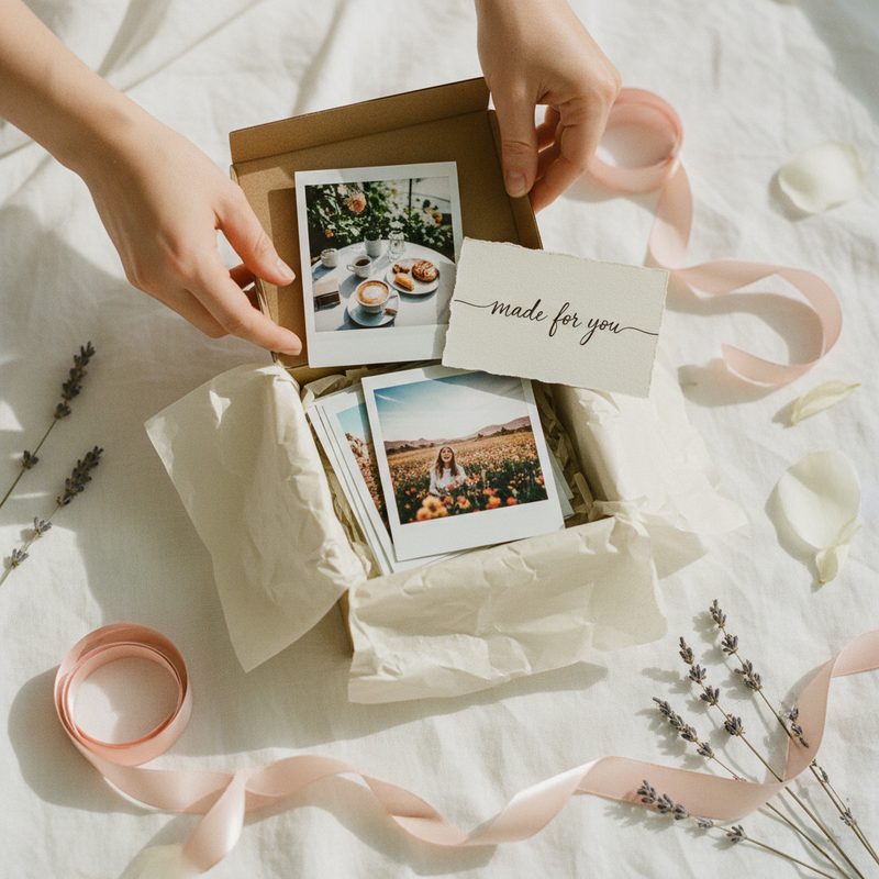 Custom photo gift box with instant film prints and a handwritten note