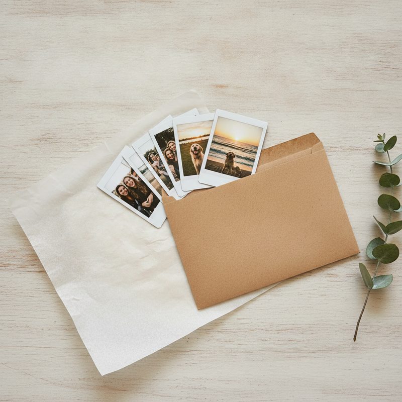 Instax Mini prints sliding out of a flat kraft photo mailer, wrapped in parchment