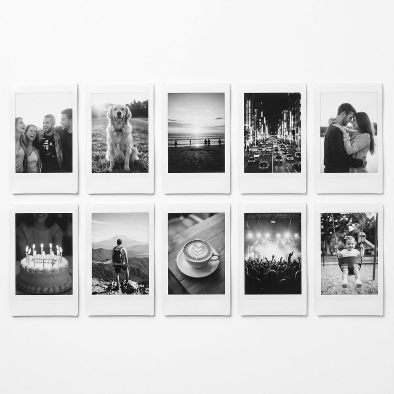 Ten Instax Mini prints in black and white