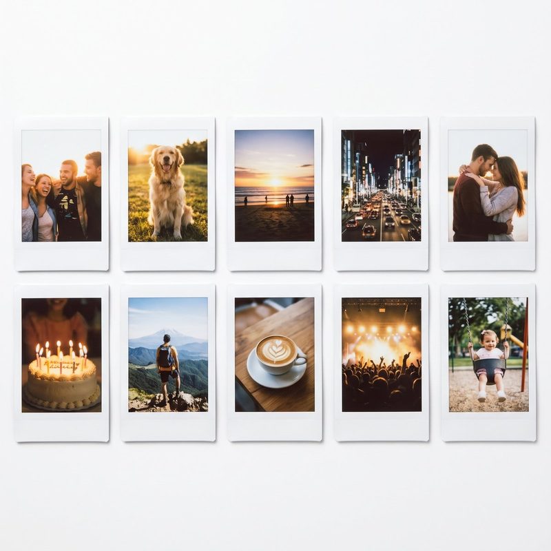 Ten Instax Mini prints laid out in two rows