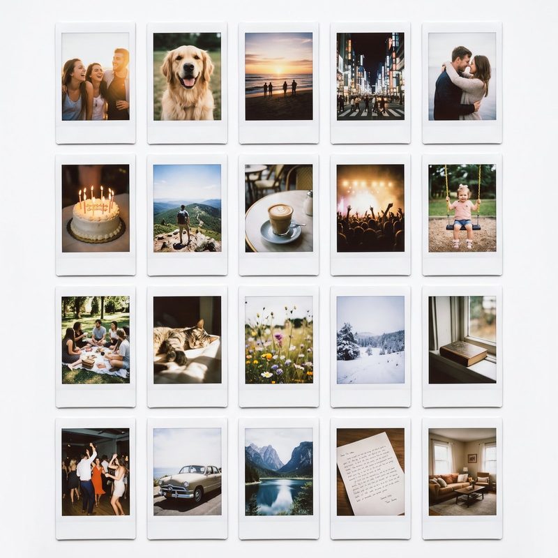 Twenty Instax Mini prints in a grid