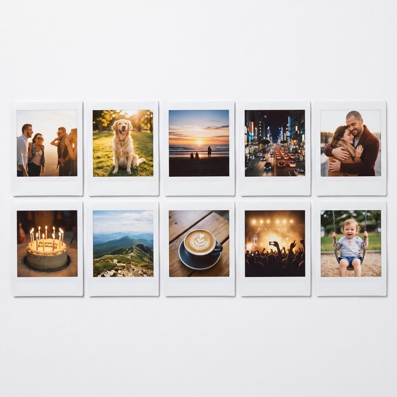 Ten Instax Square prints laid out in two rows
