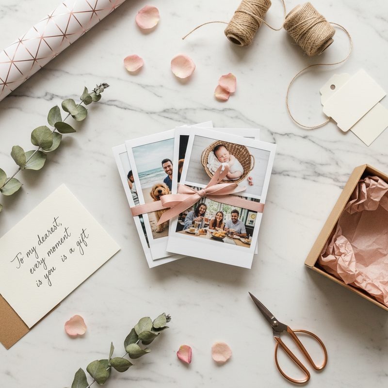 Unboxing a personalized photo gift with instant film prints inside