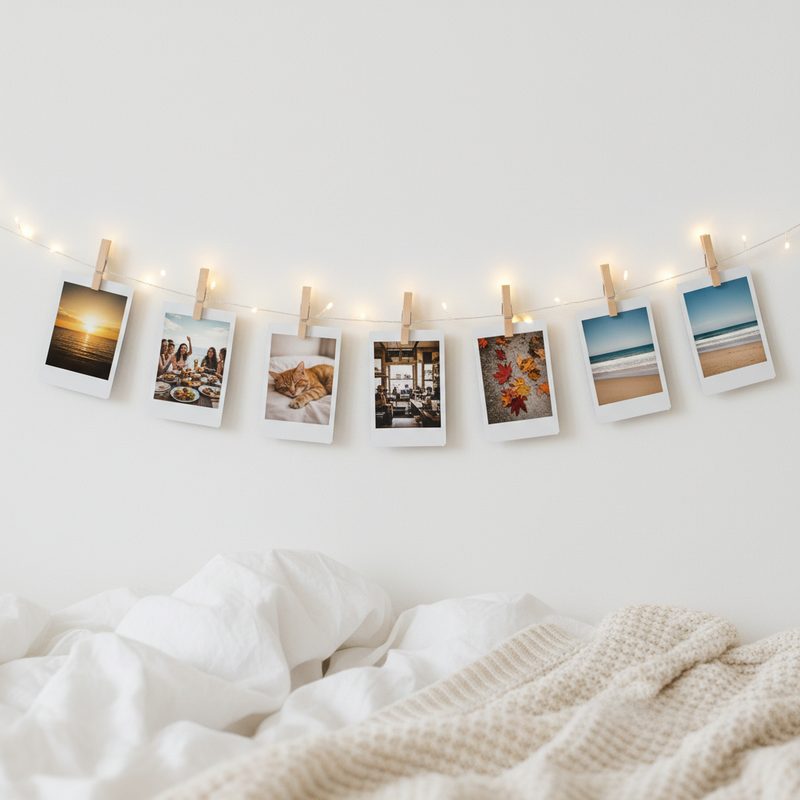 Mini photo prints displayed on fairy lights as retro wall decor